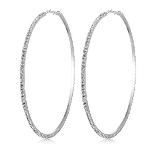Sparkling Silver Earrings -Hoop with White Strass/Rhinestones 9 cm Silver