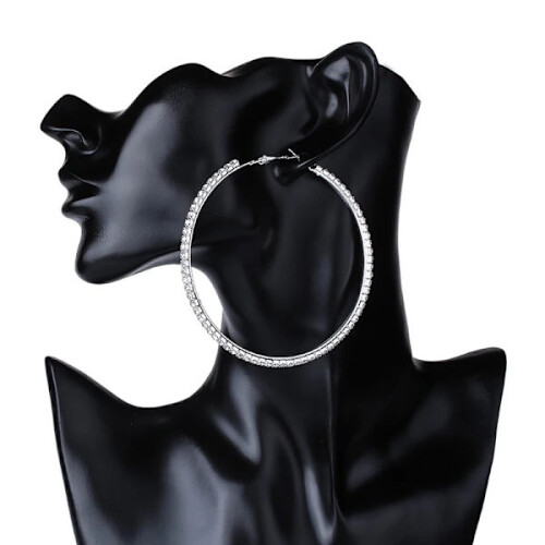 Sparkling Silver Earrings -Hoop with White Strass/Rhinestones 9 cm Silver 1