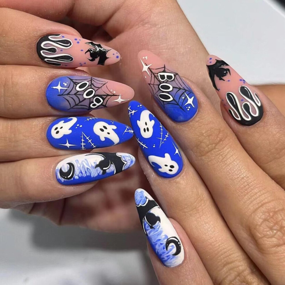 Blue Halloween Press On Nails Bat Ghost Spider Web Almond Shape Fake Nails 24Pcs Reusable