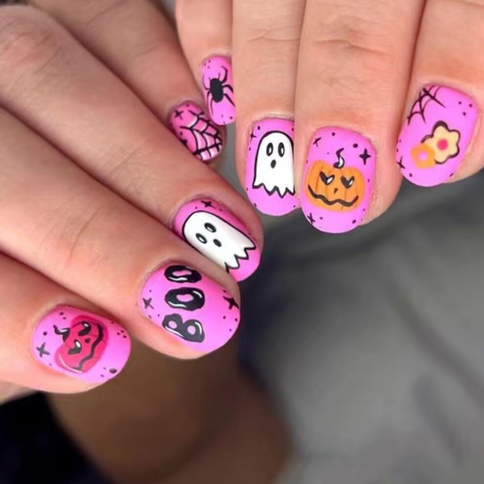 Halloween Press On Nails Short Square Acrylic Fake Nails with Pumpkin Ghost Design Matte 24PCS
