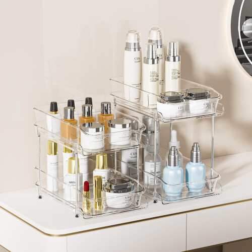2 Sets 2-Tier Clear Under Sink Organizers, Compatible with Bathroom & Kitchen Cabinets, Stackable Pull-Out Storage with Dividers 1