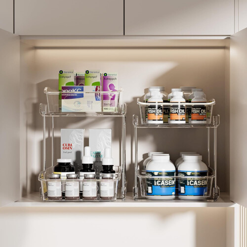 2 Sets 2-Tier Clear Under Sink Organizers, Compatible with Bathroom & Kitchen Cabinets, Stackable Pull-Out Storage with Dividers 2