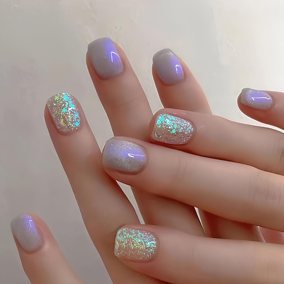 Purple Short Square Press On Nails Gradient Glitter False Nails 24Pcs Acrylic Instant Manicure