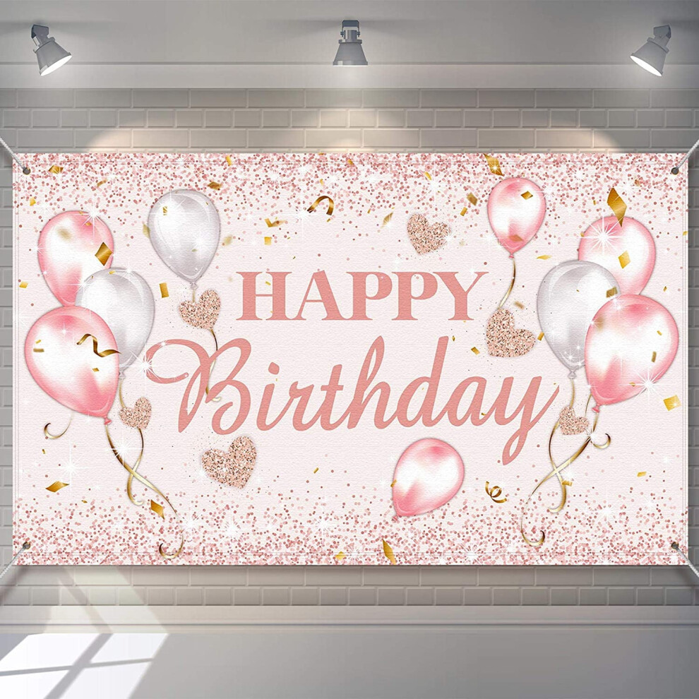 And Rose Happy Birthday Party Decorations Supplies Birthday Party Backdrop For Women And Girls Happy Birthday Pink/Gold 9027700918719