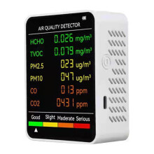 6-in-1 Air Quality Monitor for PM2.5, PM10, HCHO, TVOC, CO2, compatible with home/office use, LCD display