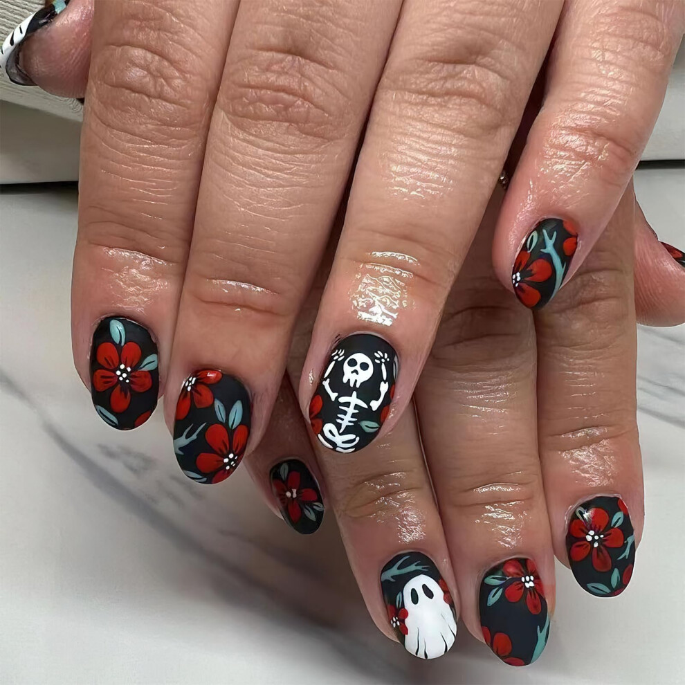 Red Halloween Press On Nails Short Almond Fake Nails With Glossy Skeleton And Flower Design 24Pcs