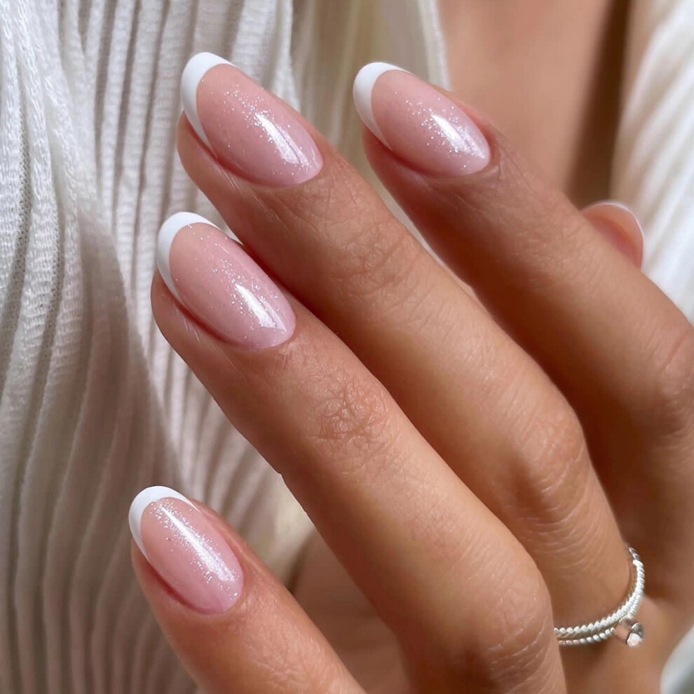 White French Tip Press On Nails Medium Oval Acrylic False Nails Glitter Instant Salon Manicure 24Pcs