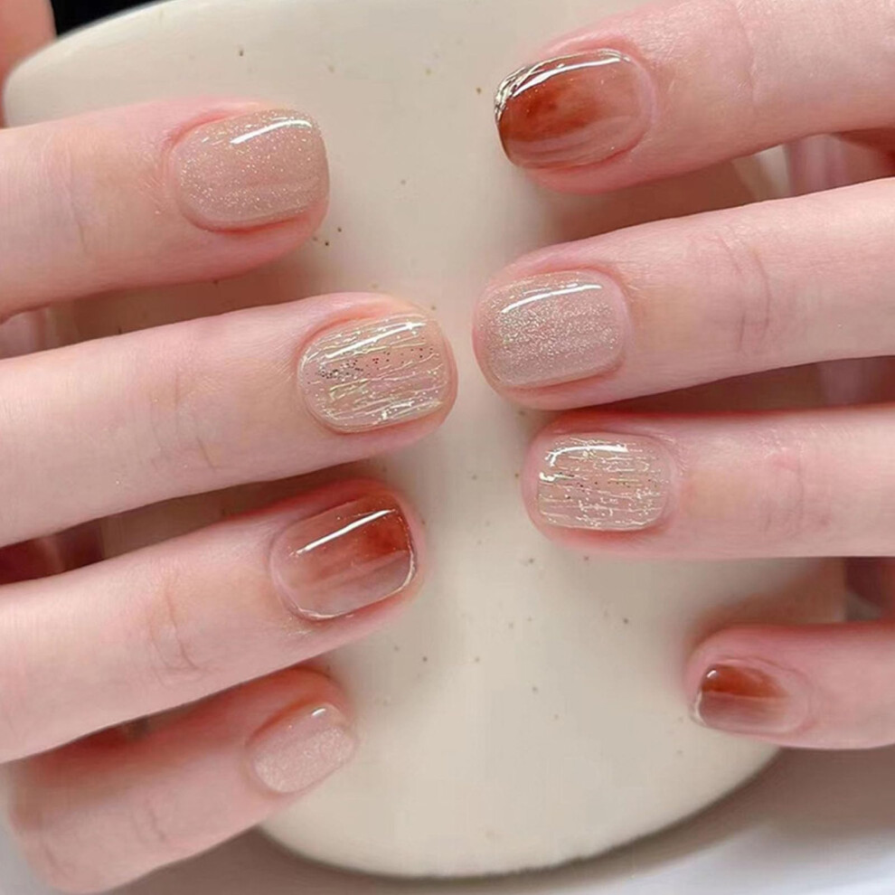 Brown Gradient Glitter Short Square Press On Nails Reusable Acrylic Fake Nails 24pcs for Women