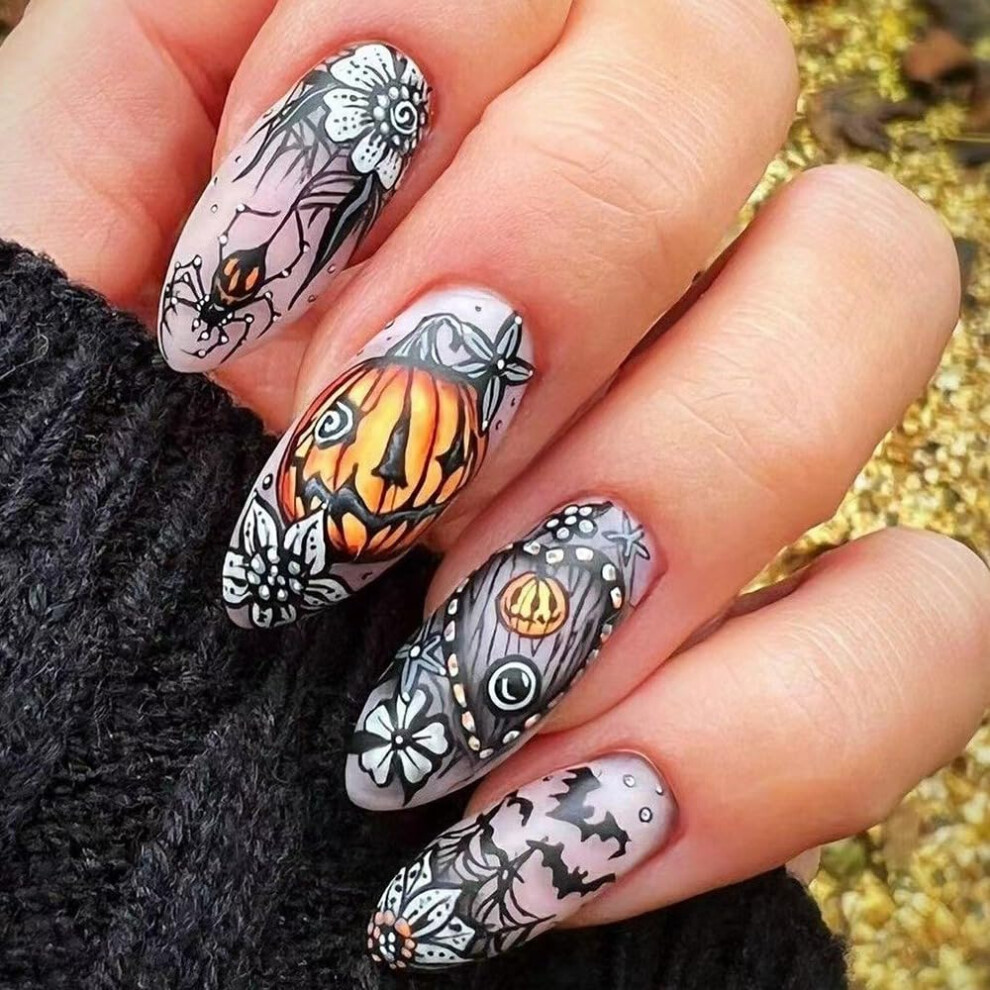 Halloween Press On Nails Almond Shape Black Matte with Pumpkin Spider Bat Designs 24PCS Reusable