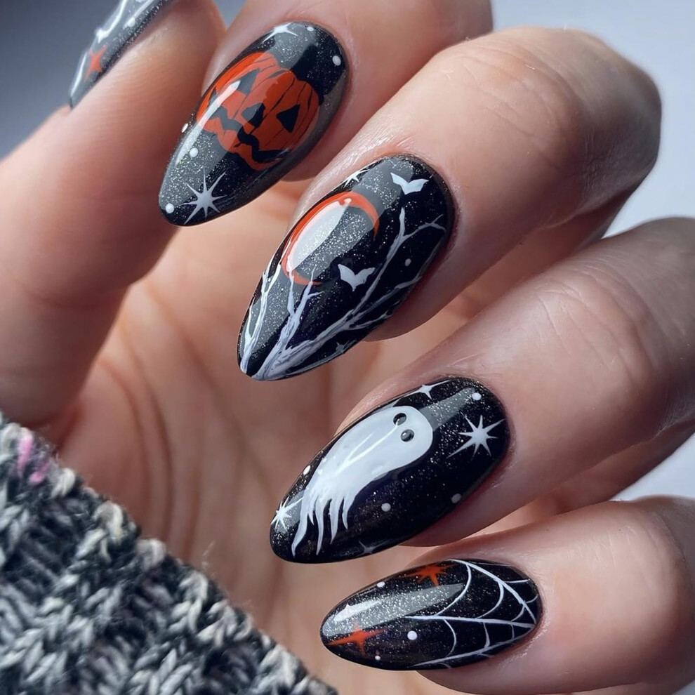Halloween Press On Nails Black Glossy Almond Fake Nails with Ghost Pumpkin Spider Web Designs 24 Pcs