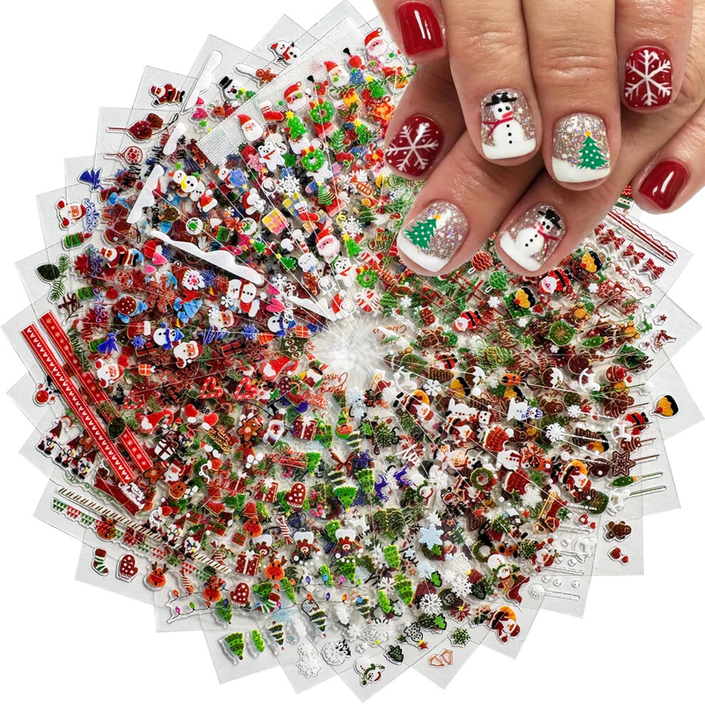 30 Sheets Christmas Nail Art Stickers 3D Self Adhesive Santa Snowman Reindeer Nail Decals