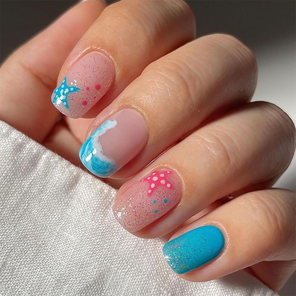 Blue Press On Nails Short Square Fake Nails with Starfish Design Reusable Acrylic 24 Pcs