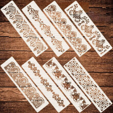 YiFudd 8Pcs Ornate Border Stencil Set, Floral Edges Template for Cake Decorating, Painting on Wood, Reusable Craft Baking Tool