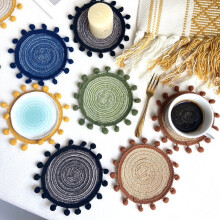 6PCS Round Braided Placemat with Pompom Tassel, 5 Inch Round Table Mats for Dining Tables Woven Heat Resistant Place Mats