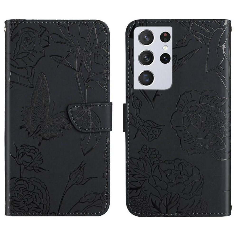 Case For Compatible With Samsung Galaxy S21 Ultra, Anti-Drop Pu Leather Flip Cover With Flowers, Butterflies & Wrist Strap, Shockproof 9085618746657