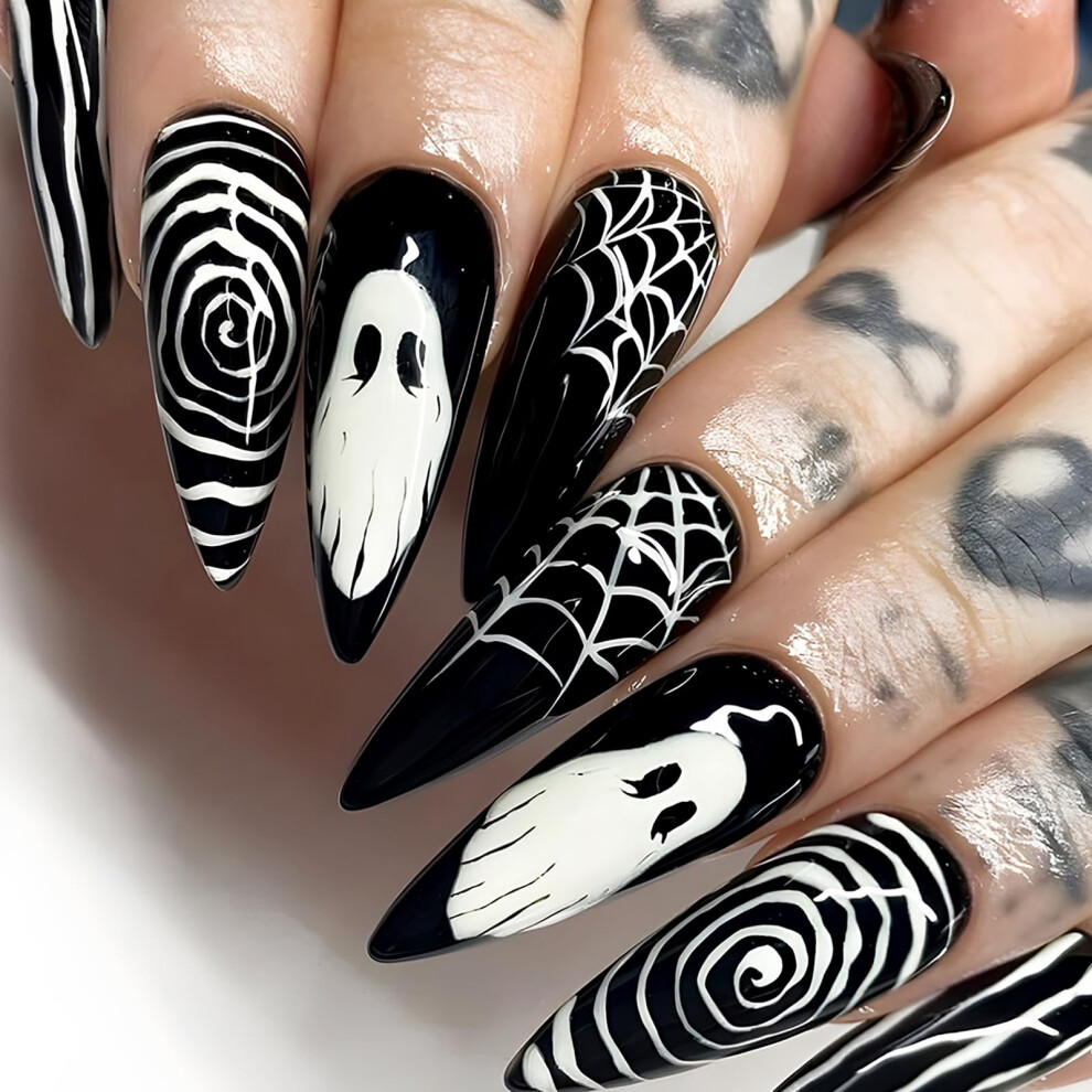 Black Halloween Press On Nails Long Stiletto Fake Nails Glossy With Ghost And Spiderweb Design 24Pcs