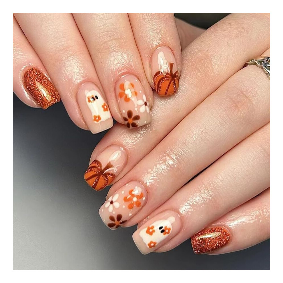 Orange Halloween Press On Nails Short Square Glitter Pumpkin Fake Nails With Glue Stickers 24Pcs