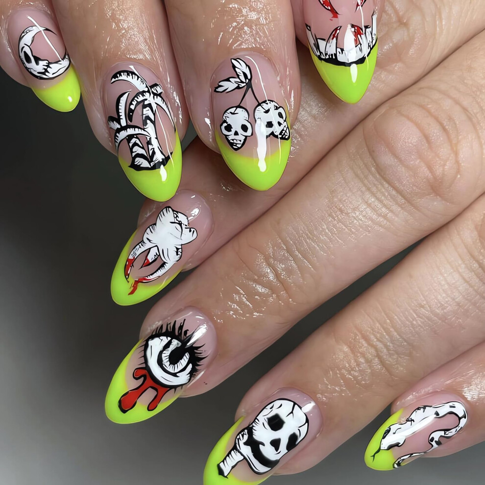 Halloween Press On Nails Green French Tip Oval Shape with Skull Snake Designs 24Pcs for Women