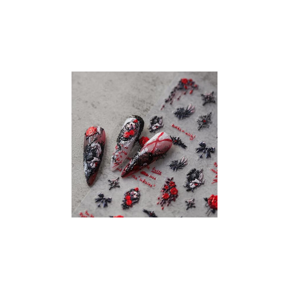 Halloween Nail Stickers 5D Embossed Bloody Rose Self Adhesive PVC Decals for DIY Manicure