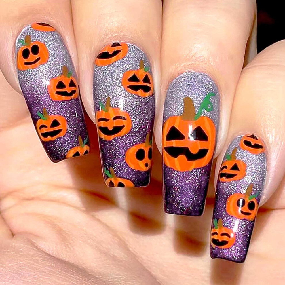 Purple Halloween Cat Eye Coffin Press On Nails Ombre Glitter Fake Nails Acrylic Tips 24Pcs