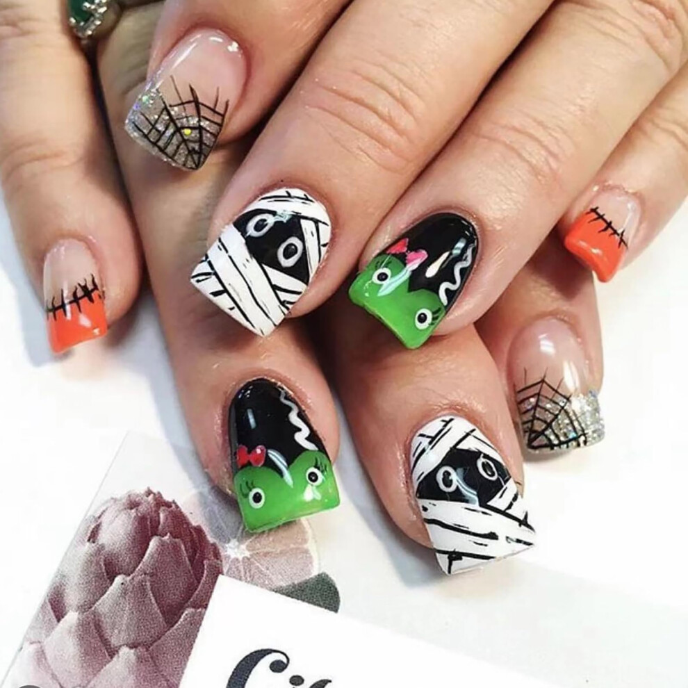 Halloween Press On Nails Short Orange Green Mummy Design Reusable Tips 24pcs for Party
