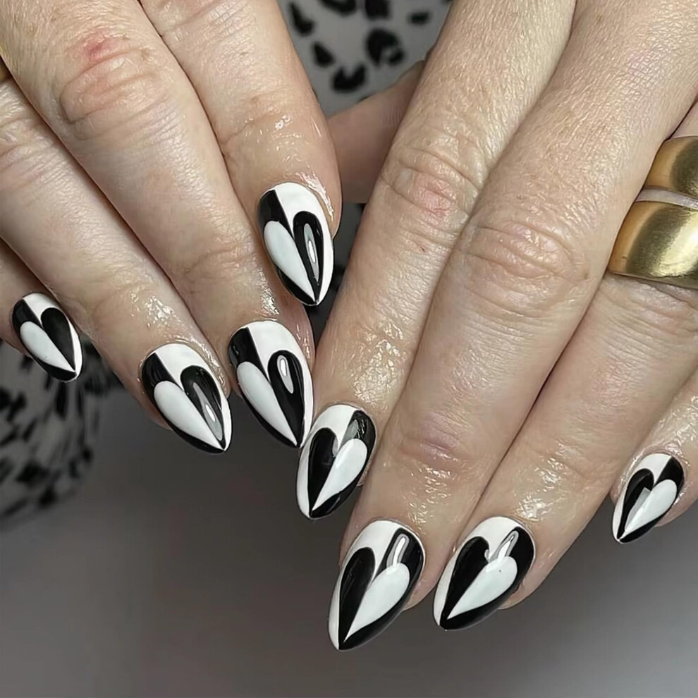 Black Medium Stiletto Press On Nails Acrylic False Nails With Glue Glossy Gothic Design 24Pcs
