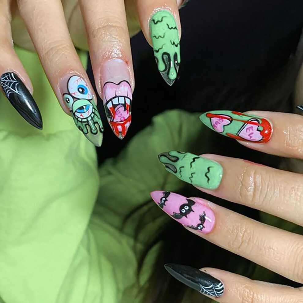 24 Pcs Halloween Press on Nails Long Stiletto Fake Nails Glossy Bat and Mouth Design