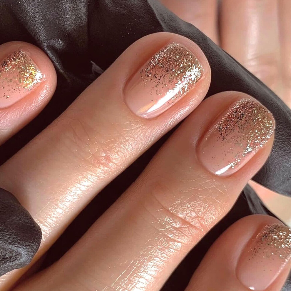 Golden Glitter Press On Nails Short Square Fake Nails Kit with Reusable Adhesive Tabs 24PCS