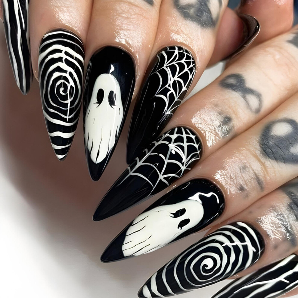White,Black Halloween Press On Nails Long Stiletto With Ghost And Spider Web, 24Pcs Black White False Nails For Women