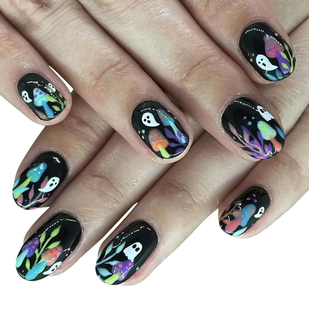 Halloween Press On Nails Short Almond Fake Nails with Colorful Mushroom and Ghost Designs 24pcs