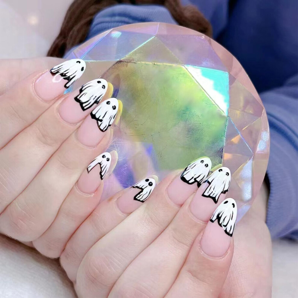 Halloween Almond Press On Nails Medium Length Ghost French Design Reusable 24PCS with Adhesive Tabs