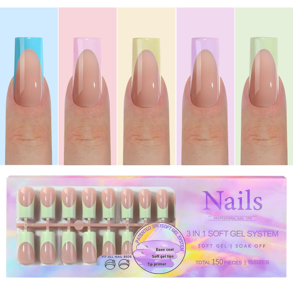 Press On Nails Soft Gel Long Square French Tip 150PCS ReadytoApply Acrylic Nail Tips Set