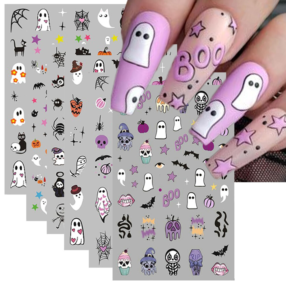 Halloween Nail Stickers 6 Sheets SelfAdhesive Spooky Pumpkin Spider Web Nail Art Decals Set for DIY