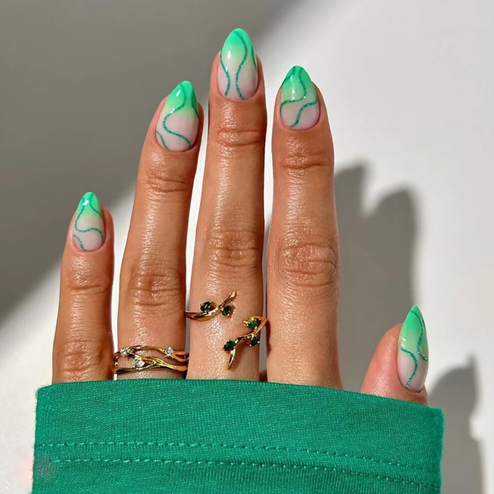 24 Pcs Green Almond Press on Nails Short Fake Nails for Women with Quick SalonStyle Application