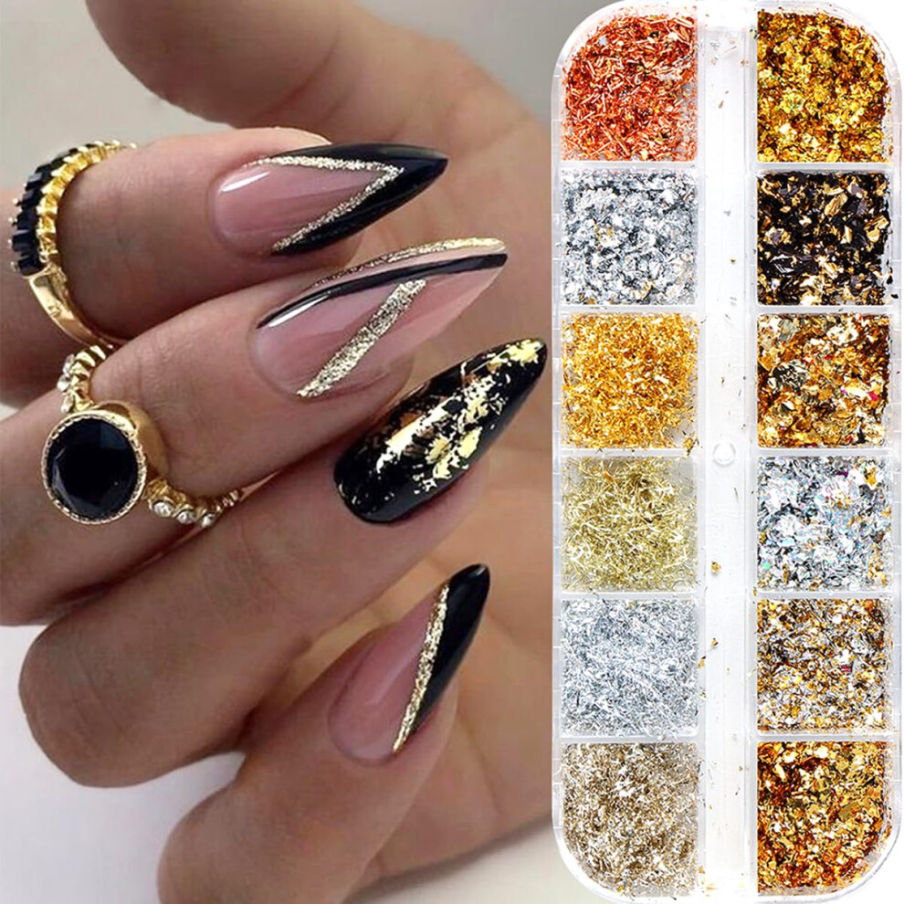 Gold Holographic Nail Glitter And Foil Flakes 12Grid Set For Easy Nail Art Decorations