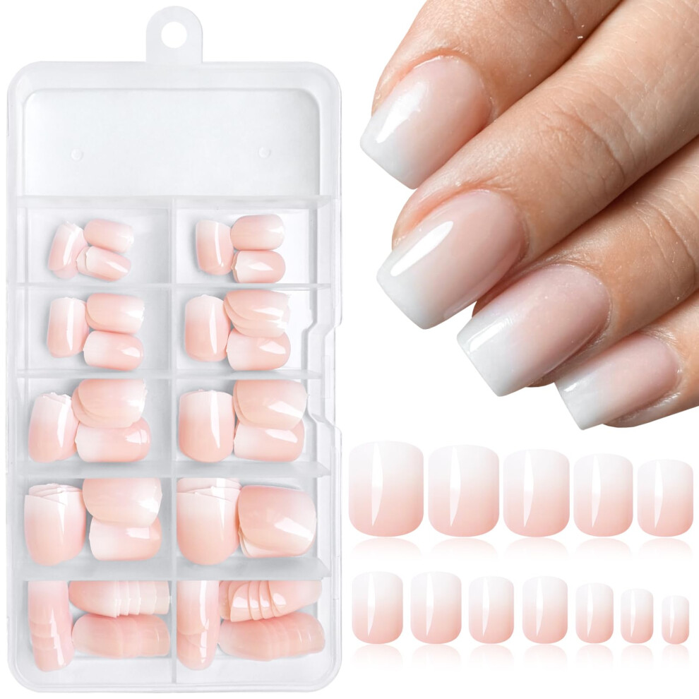 White,Cream Short Round Square Gradient Press On Nails 120Pcs Nude White Ombre Fake Nails Glossy Full Cover