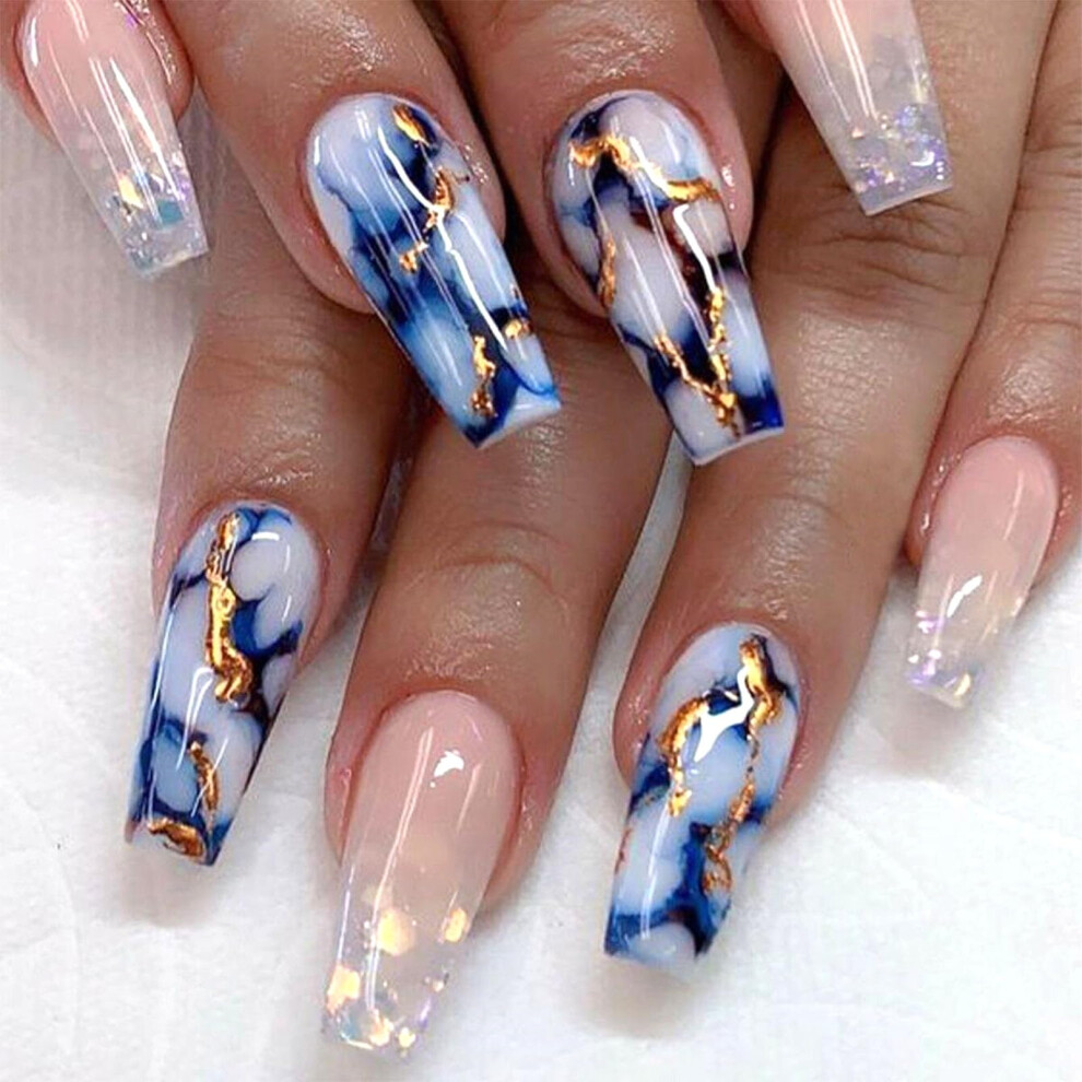 Pink Light Coffin Press On Nails Marble Glitter Fake Nails Medium Full Cover Glossy Acrylic 24Pcs