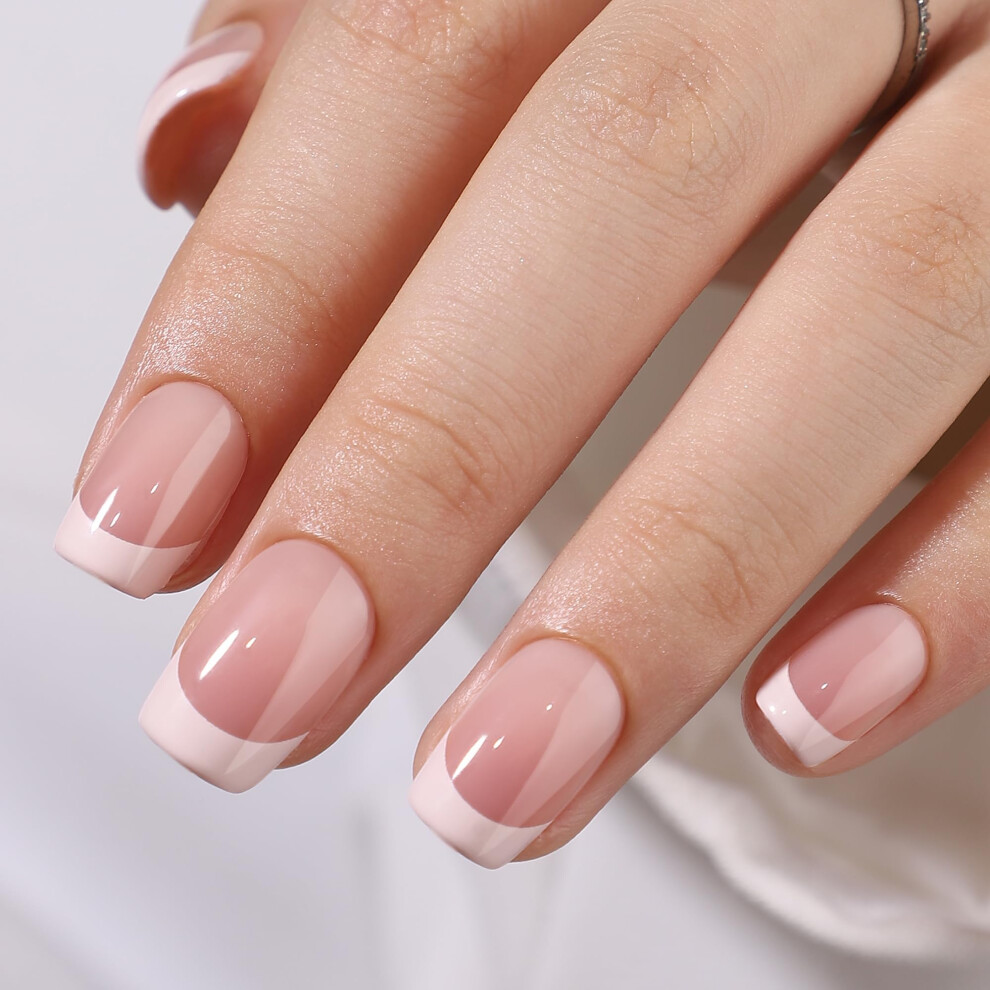 Press On Nails Short Square French Tip with Glue, 30pcs Reusable Soft Gel Fake Nails for Women