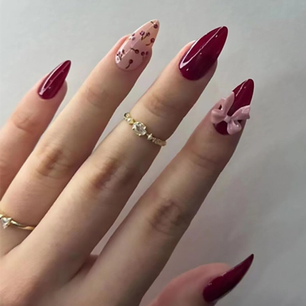 Red Almond Press On Nails Medium Fake Nails With French Tips, Glossy Full Cover Set 30Pcs