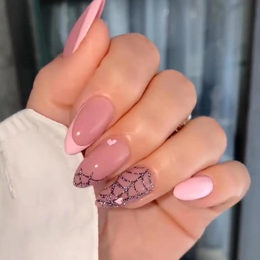 Halloween Press On Nails Nude Pink French Tips with Spider Web Design 24pcs Reusable Acrylic