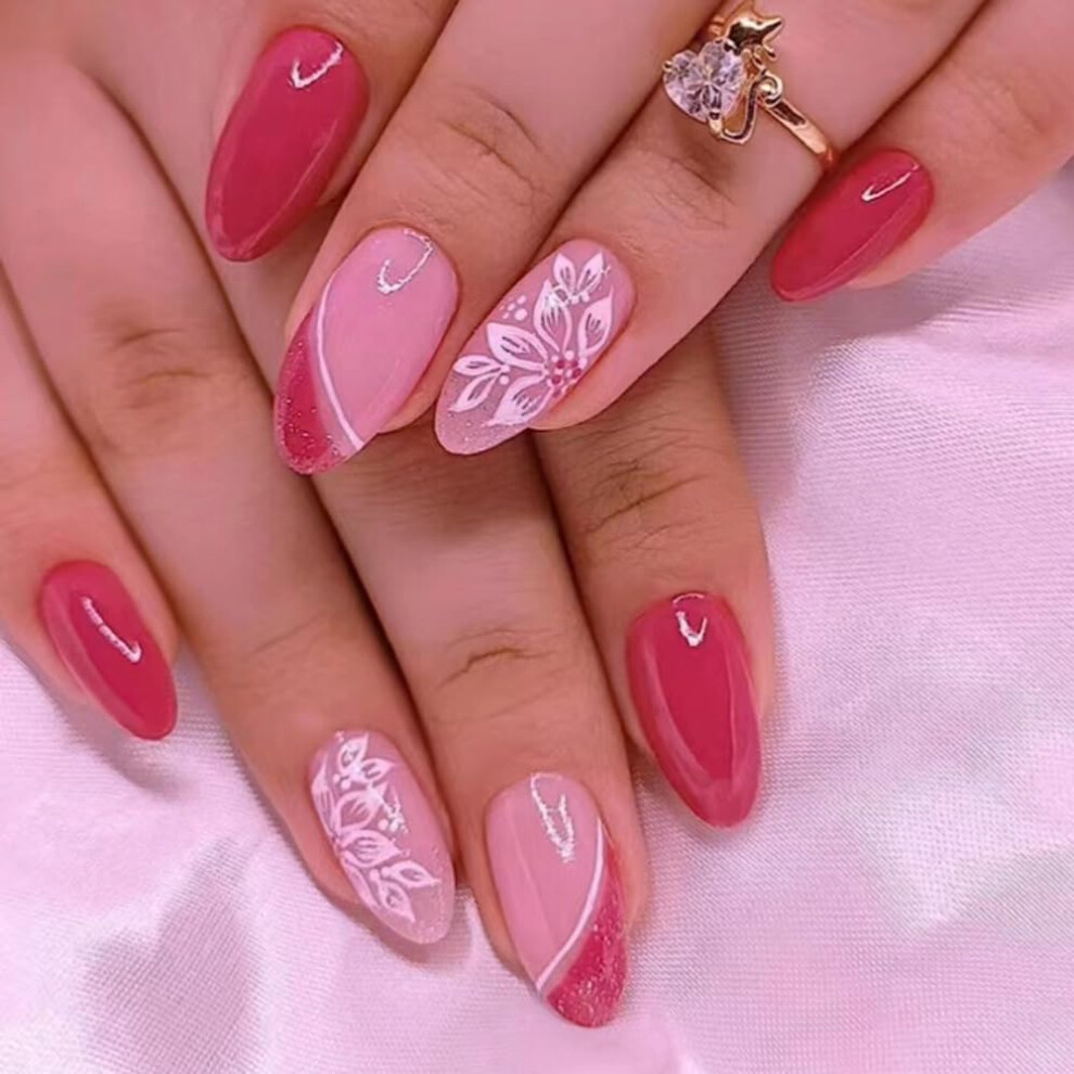 24PCS Reusable Press On Nails Medium Almond Fake Nails with Floral and Glitter Design for Women
