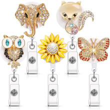 5Pcs Crystal Retractable Badge Reels with Alligator Clip, Compatible with ID Badges - Elephant, Owl, Butterfly, Sunflower, Fox
