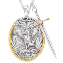 LEAQU Pendant Necklace Round Shape Peculiar Design Angel Dragon Killer Warrior Necklace for Men