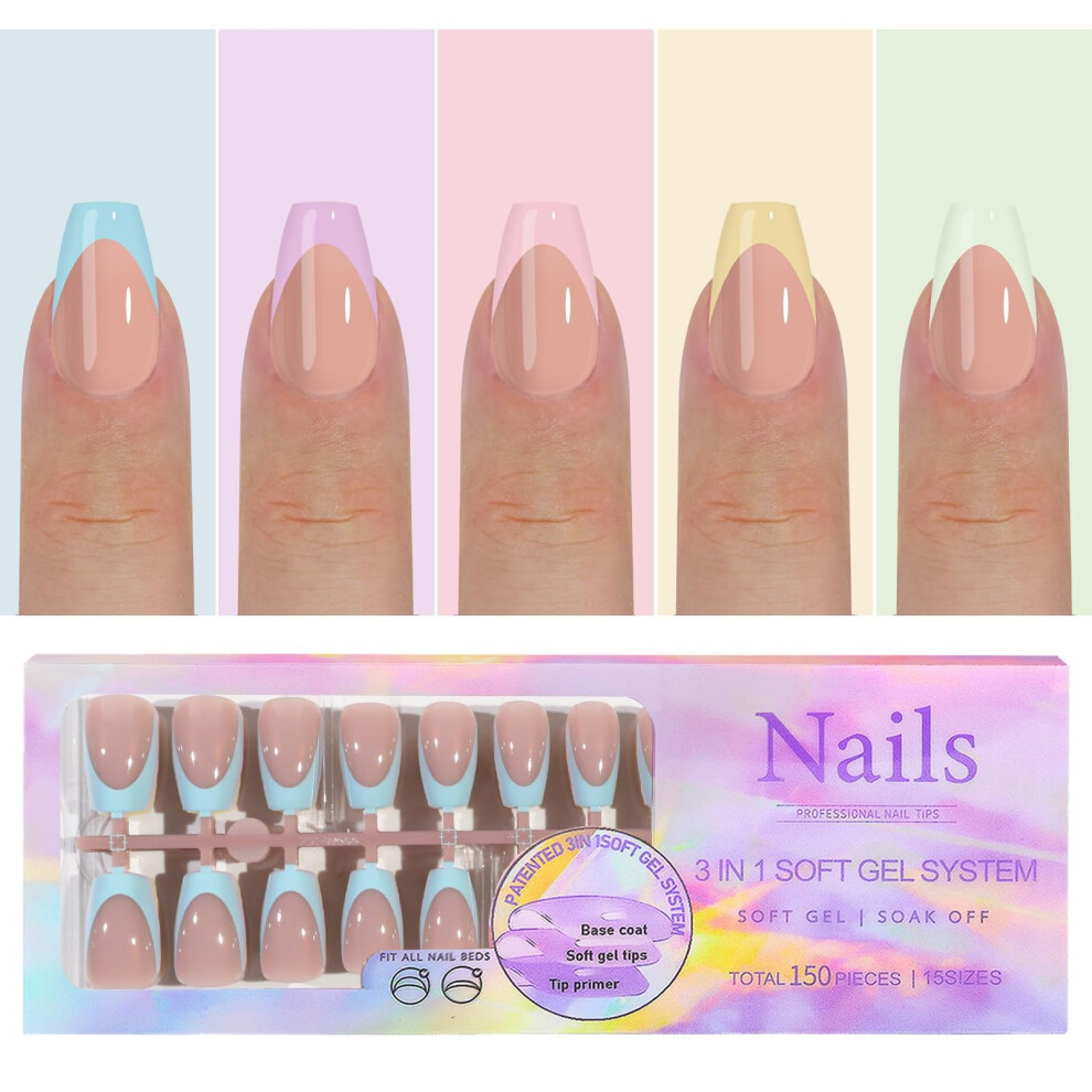 Soft Gel French PressOn Nails Kit 150pcs Medium Acrylic Tips, Quick Manicure Durable Gel
