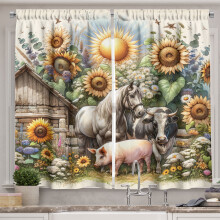 Ambesonne Rustic Kitchen Curtains, Vintage Rural Farmhouse Life, 55"x24", Earth Yellow and Multicolor
