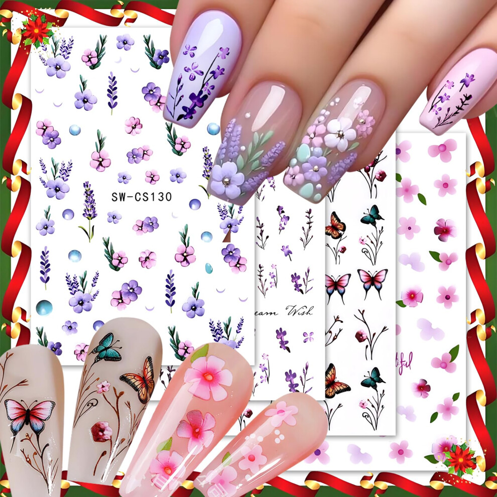 Purple Flower Nail Art Stickers 4 Sheets Butterfly Floral Selfadhesive Decals For Diy Nails