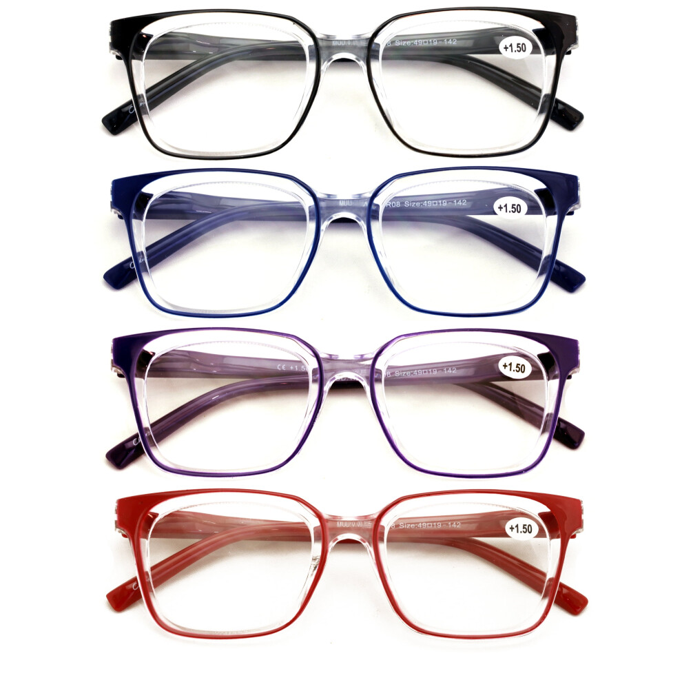 4 Pairs Transparent Reading Color Glasses - Spring Hinge Comfortable Clear Reader DR08 +3.50