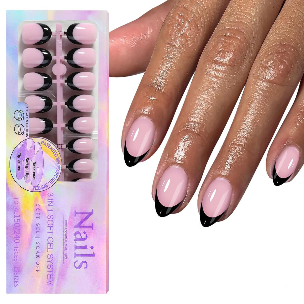 Black 150Pcs French Tip Press On Nails Short Oval Soft Gel Preapplied Primer Base Reusable