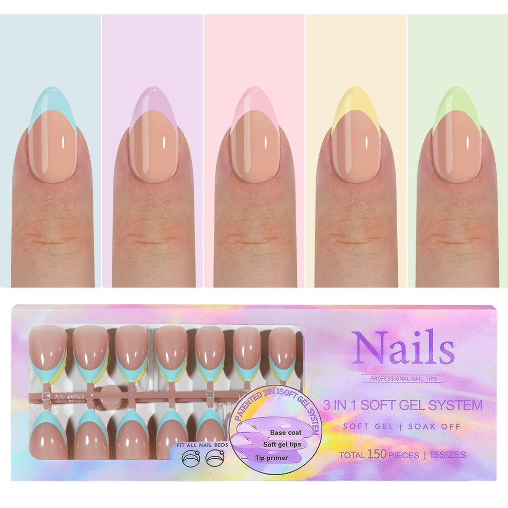Soft Gel Nail Tips Almond French Press On Nails 150pcs Reusable MultiSize Set Five Colors
