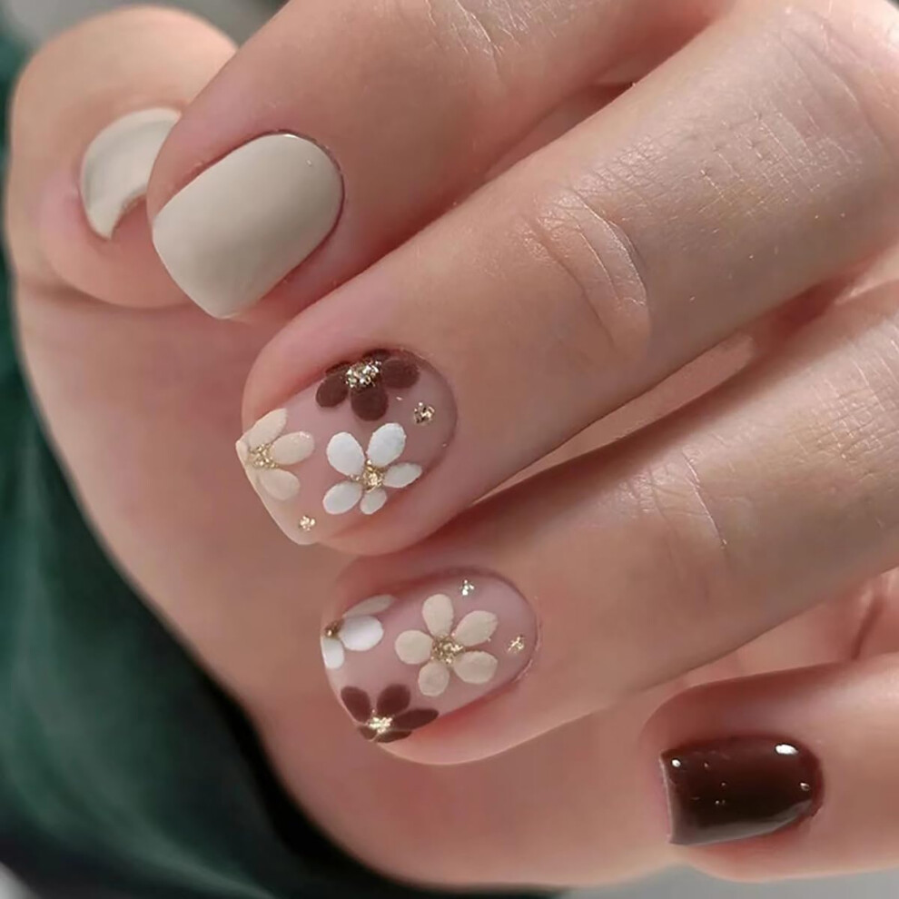 Short Square Press On Nails with Flower Designs Glossy Acrylic Fake Nails with Glue 24PCS